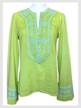 Tory Burch Tunic Blouse Green Blue Embroidered Cotton Size 6